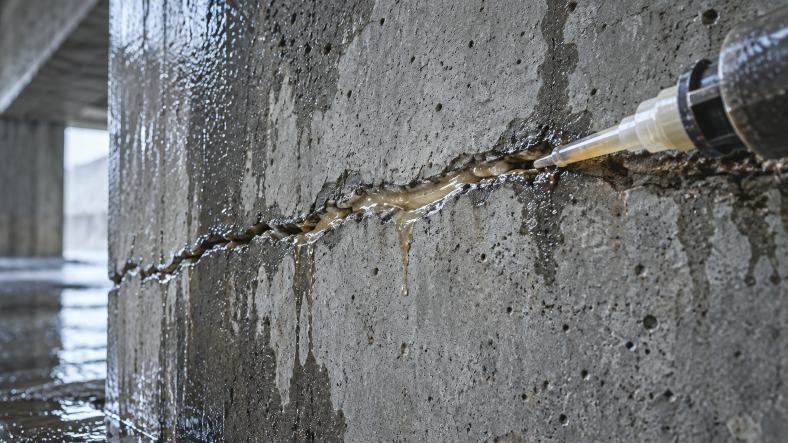 Epoxy injection resin applied into a crack on a damp concrete bridge support, illustrating concrete repair in wet environments.