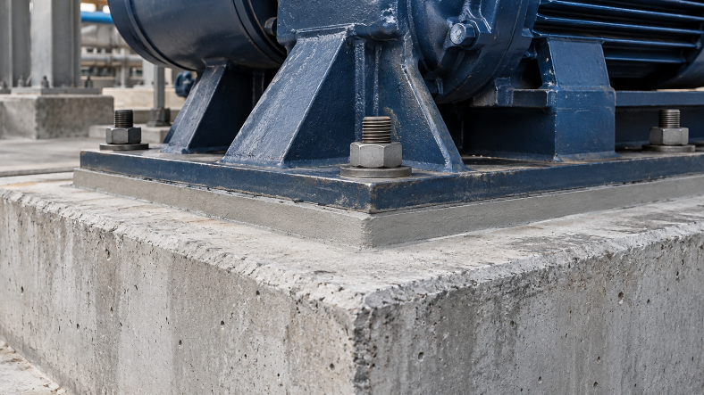 Industrial pump mounted on a steel base plate anchored to a concrete foundation, showing structural support and durable equipment installation.