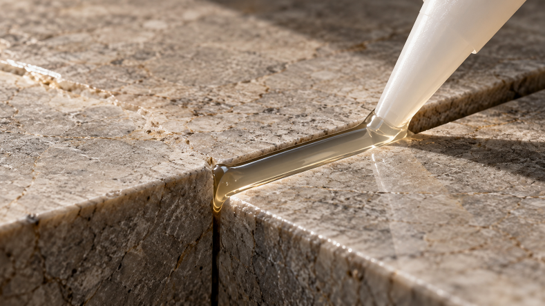 Close-up of epoxy stone adhesive being precisely dispensed into a narrow marble joint, demonstrating controlled flow and application.