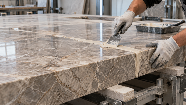 Worker applying stone adhesive filler along a marble slab joint using a metal scraper in a stone fabrication workshop.