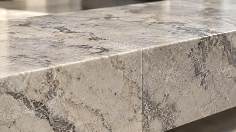 Close-up of polished natural stone tiles with clean, uniform joints and consistent surface appearance after stone bonding and finishing.