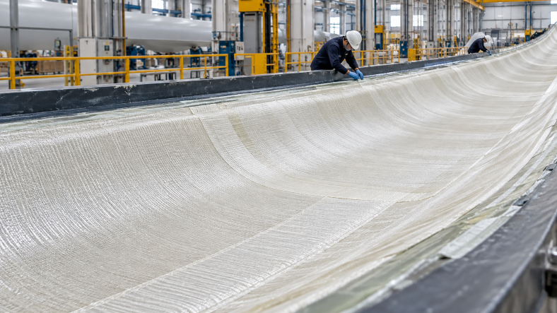 Workers positioning fiberglass reinforcement layers inside a large wind turbine blade mold during composite manufacturing.