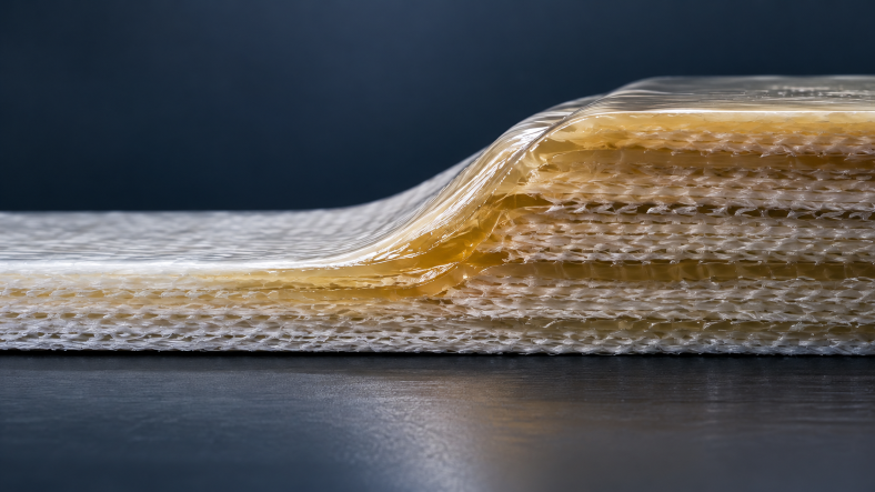 Close-up cross-section of thick fiberglass composite laminate with translucent resin layers used in wind turbine blade manufacturing.