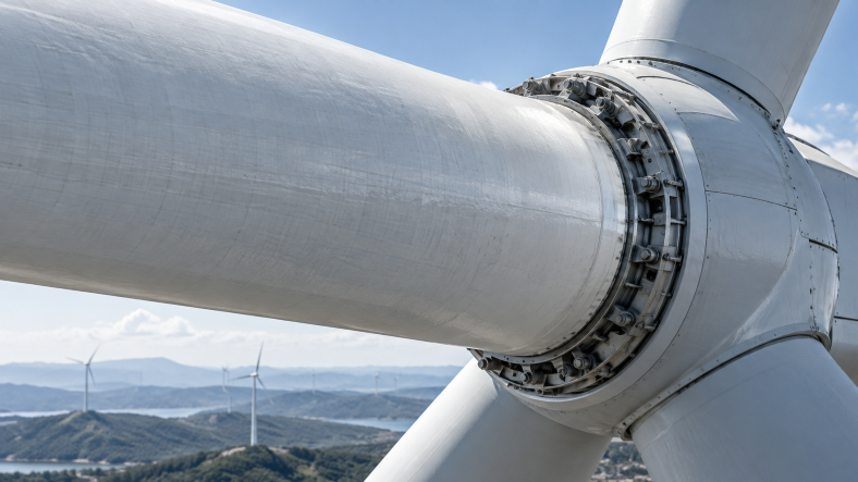 Close-up of a wind turbine rotor hub and bolted blade connection, highlighting structural components used in wind energy applications.