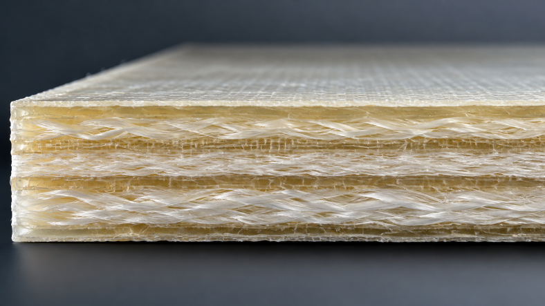Detailed cross-section of a multilayer fiberglass composite laminate with uniform resin distribution and reinforced fiber layers.
