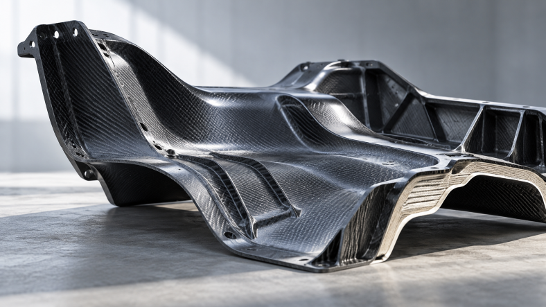 Molded carbon fiber composite structural component with complex curved geometry and visible laminated reinforcement layers.