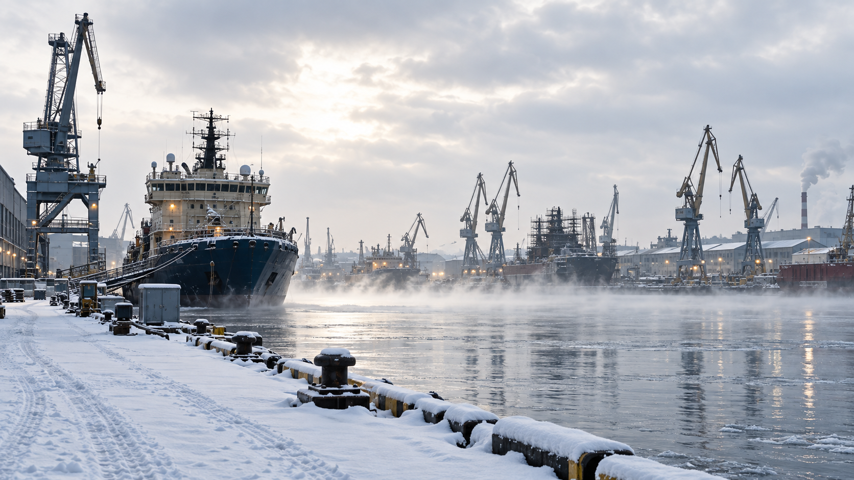Large marine vessel undergoing shipyard maintenance, surrounded by industrial cranes and scaffolding in a snow-covered harbor.